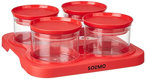 Amazon Brand – Solimo Airtight Plastic Storage Container Set, With 4 Containers (500ml) & Serving Tray, BPA Free, Red