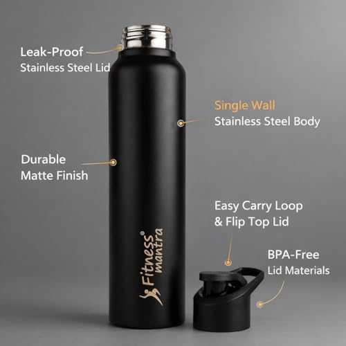 Image of Fitness Mantra Stainless Steel Water Bottle 1L | Reusable, Durable & Leak-Proof Bottle for Daily Use| 1 Piece|