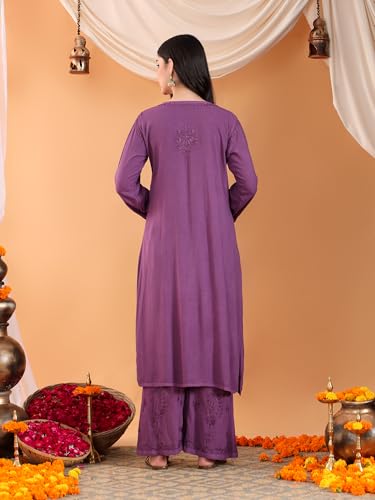 Image of POSHAK CHIKAN STUDIO Women's Hand Embroidered Lucknowi Chikankari Rayon Co-ord Set