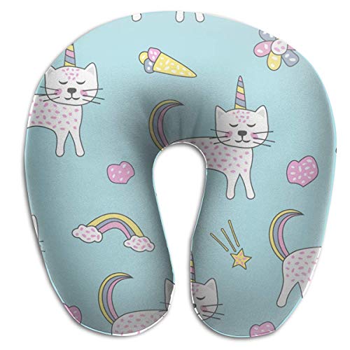 XCNGG Personalización Los gatitos encantadores tienen colas y cuernos coloridos Almohada para el cuello en forma de U Almohadas de viaje impresas Almohada para el cuello del avión, Personalidad Cubier