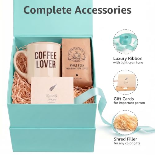 Image of LIFELUM Green Blue Gift Box for Presents 7 x 7 x 7 inch, 1 Pack Magnetic Gift Box with Lid, Ribbon, Greeting Card, Shredded Paper Filler for Birthday, Wedding, Party, Bridal Gifts