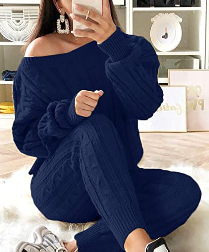 Molisry Women Cable Knitted 2 Pieces Outfits Long Sleeve Sweater Pullover Top Long Pants Lounge Sets Autumn Winter2