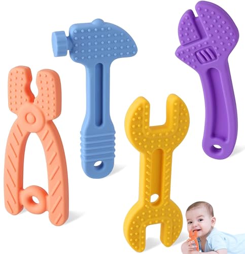 WUJUN 4 Pack Baby Teething Toys Soft Silicone Freezer BPA-Free, Hammer Wrench Spanner Pliers Saw Knife Tools Shape Soothe Babies Sore Molar for 3-12 Months Babies Gums Toys Set(Hammer Set)