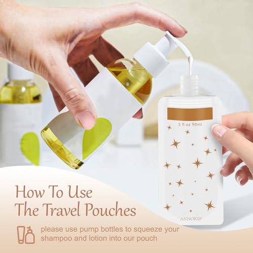 8 Pack Travel Pouches for Toiletries, Refillable squeeze Liquid travel pouches,Travel Shampoo and Conditioner Pouches,3oz leak proof travel pouches (Star)2