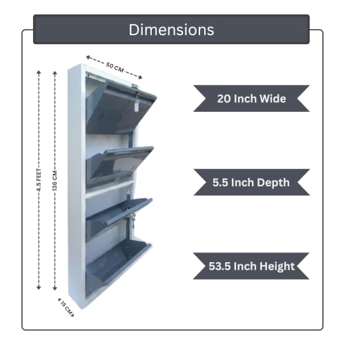 Image of Shoe Rack with Door 20 Inch | Slim | Wll Mounted | Fits Shoe Size 10 | Space Saving Storage Organizer for Modern Home Use (Grey, 4 Door)