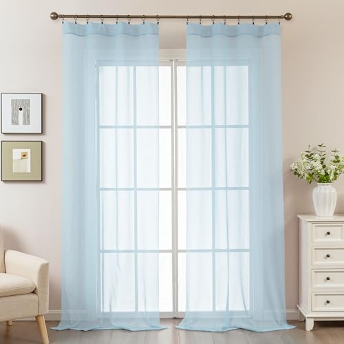Image of Blue Sheer Curtains 108 Inches Extra Long, Privacy Semi Sheer Curtains for Living Room Bedroom, Light Filtering Rod Pocket Voile Window Drapes 2 Panels Set, Each 42 inch W x 108 inch L