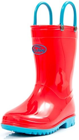 Outee Toddler Boys Girls Rain Boots kids Waterproof Shoes Red Lightweight Cute lovely funny with Easy-On Handles Classic Comfortable Removable Insoles Anti-Slippery Durable Sole with Grip (Size 5,Red)