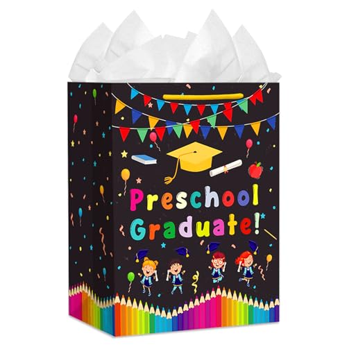 JUESMOS Preschool Graduation Gift Bag with Tissue Paper 13 Class of 2026 Graduation Gift Bag with Handles for Kids Large Graduations Wrapping Paper Bags for Preschool PreK Boys Girls Party Supplies