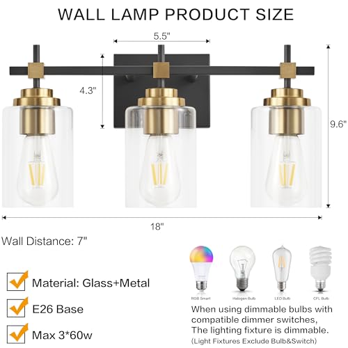 Image of SOLFART 3 Light Black and Gold Bathroom Light Fixture, Vintage Vanity Light with Clear Shades, Modern Over Mirror Wall Lighting for Bathroom Vanity