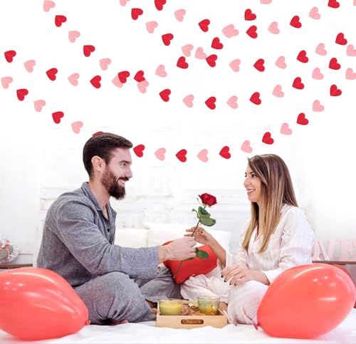 Image of Galentines Red Pink Valentines Party-Decorations - 52ft Heart Garland Streamers Paper Banner,Proposal Anniversary Romantic Birthday Baby Shower Rustic Wedding Hanging Ornaments Decor Hugfond