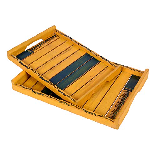 Image of Aakriti Art Creations Yellow Handcrafted Sheesham Wood Serving Tray Set of 2