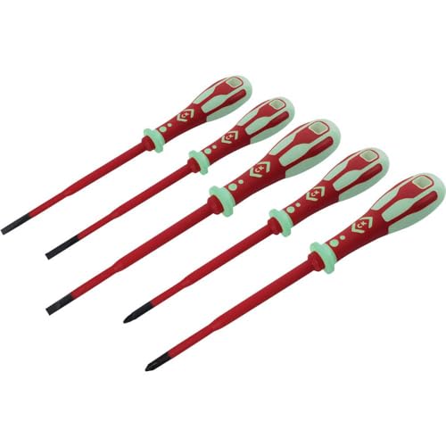 C.K Dextro VDE Slim GLO Set of 5 Phosphorescent Screwdrivers SLP & PZ Glow in the Dark Thin Slotted Pozidriv PZ1 PZ2 SL Electricians Insulated Screwdriver Sets Electrical Terminal Tools T49283PD