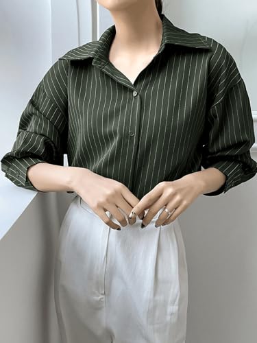 Image of GRECIILOOKS Striped Shirt for Women | Korean Style Full Sleeve Oversized Button Down Shirts | Tops for Women | Shirt for Woman | Plus Size Top for Office & Casual Outfit