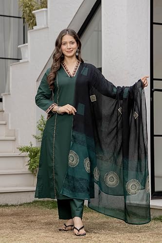 Image of MEERA FAB Women Floral Printed Pure Cotton Straight V-Neck Kurta with Palazzos & Dupatta