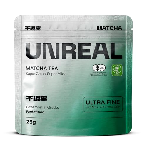 UNREAL® Ceremonial Bio Matcha – 100% Japanischer Zeremonieller Grüntee – Premium Qualität aus Shizuoka – Für Tee, Latte & Smoothies – Besonders fein vermahlen für maximale Cremigkeit – 25g