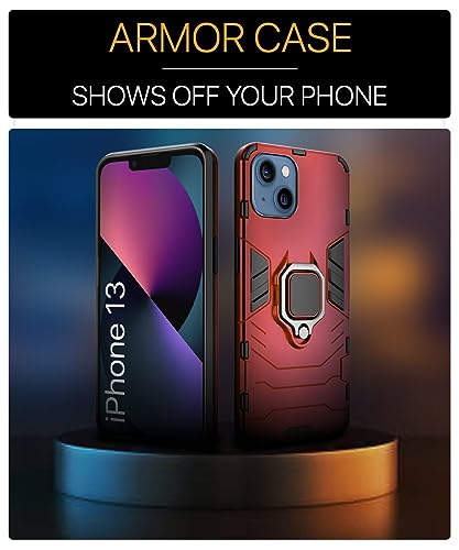 Image of WOW IMAGINE Shock Proof Back Case Mobile Cover for iPhone 13 (6.1″) (Tough Armor | Hybrid PC + TPU | Full Protection with Ring Holder & in-Built Kickstand | Red)