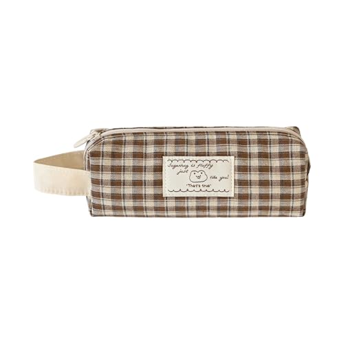 Image of Monolike Unmatched Friends Fabric Check Block Pencil Case, Vintage brown - Aesthetic Gingham Pastel Desk Organizer, Soft Padded Makeup Brush Case, Trendy Minimalist Stationery Pouch