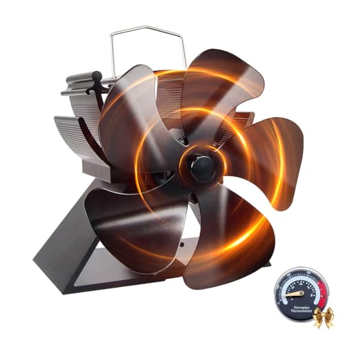 Tomersun Small Stove Fans 4.9 Inches/ 12.5cm Height 5 Blades Log Burner Fan with Stove Thermometer for Wood Burning Log Burners