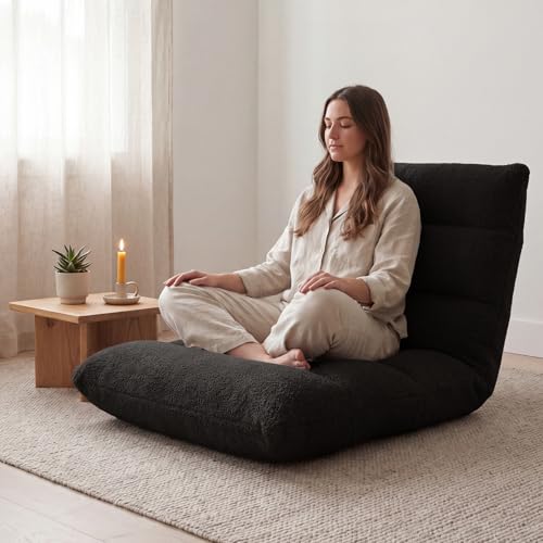 Image of DUMOS Folding Floor Chair with Back Support, Adjustable 14-Position Floor Seating with Comfy Teddy Velvet for Adults & Kids, Reading, Gaming, Meditation, Watching, Black