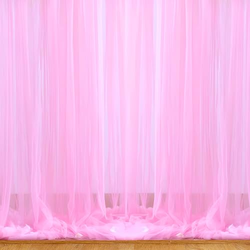 Image of 1iAM 2pcs Pink Decoration Net Curtains - Large Size, Stitched with Ribbon, Nylon Made, Reusable, Soft, Wrinkled Free, 8.5x5ft Each, Backdrop Net for Birthday, Anniversary Party Decoration