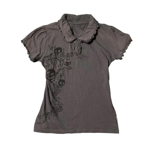 Skull Print Graphic Polo Golf Shirts For Women Lace Trim Short Sleeve Gothic Punk Tshirts Emo Tees Grunge Crop Top (Grey,Large)