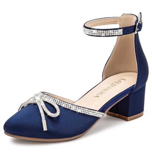 Image of LAURMOSA Girls Sandals Closed Toe High Heels Pointed Toe Ankle Strap Pumps Flower Girl Dressy Shoes in Wedding Party Cute Bowknot Chunky Block Heeled for Little Big Kids