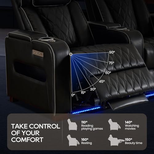 Image of Luxury Home Theater Seating - Power Recliner with Adjustable Headrests, Blue LED Ambient Lighting, Tray Table, USB & Type-C Charging (Black,4 Seat)