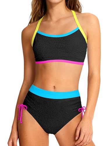 Image of Teen Girls Swimsuits V-Neck Bikini Set Bathing Suits Cross Straps Two Piece Swimwear with Drawstring