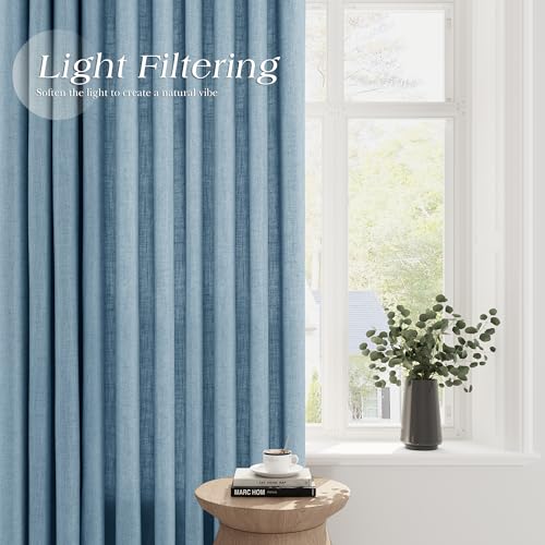 Image of Dusty Blue Linen Curtains 84 Inch Length for Living Room Bedroom 2 Panels Set Grommet Faux Linen Semi Sheer Light Filtering Drapes Dirty Blue Aesthetic Farmhouse Rustic Window Curtain Decor 52X84