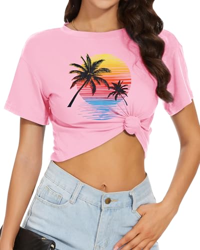 Image of Womens Summer Crop Tops Short Sleeve Round Neck T-Shirts Loose Fit Casual Blouse 2026