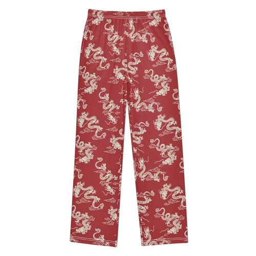 Dragon Pattern Boys Long Pants Soft Trousers Elastic Waist Kids Lounge Bottoms with Pockets S-XL