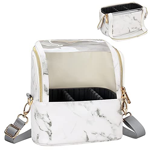 Makeup Brush Case Makeup Brush Holder Travel Makeup Bag for Women Cosmetic Bags Stand-up Brush Cup Professional Makeup Artist Storage Organizer with Shoulder Starp and Adjustable Dividers (Marble)
