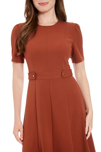 Image of London Times Women's Short Sleeve Crepe Fit and Flare Midi with Waist Button Detail