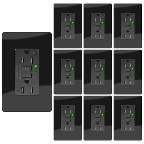 15A Black GFCI Outlet, TR &amp; WR Ground Fault Protector with LED Indicator, Tamper &amp; Weather Resistant GFI Electrical Receptacle, ETL Listed, Wallplate Included, 10 Pack