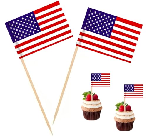100 Pcs USA American Flag US Toothpick Flags, Cocktail Picks Mini Stick Cupcake Toppers Country Picks Party Decoration Celebration Cocktail Food Bar Cake Flags ﻿