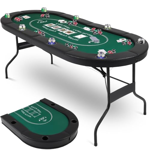 Poker Table Foldable, 72 Inch 8 Player Folding Poker Table, Portable Game Table with Cup Holders, Texas Holdem Poker Tables, Green