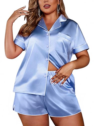 Ekouaer Womens Silk Satin Pajamas Set Short Sleeve Sleepwear Button Down Loungewear 2 Piece Pjs Shorts Set S-5X Plus Size2