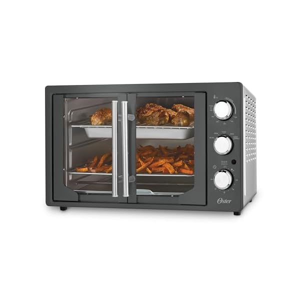 Oster Extra-Large French Door Air Fryer Countertop Oven, Stainless Steel, 60-Min Timer, 6 Cooking Functions, Versatile Accessories, Reduces Energy and Cooking Time