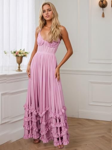 Floral Ruffle Bridesmaid Dresses for Women Long Chiffon Spaghetti Strap Corset Formal Evening Gowns with Slit3