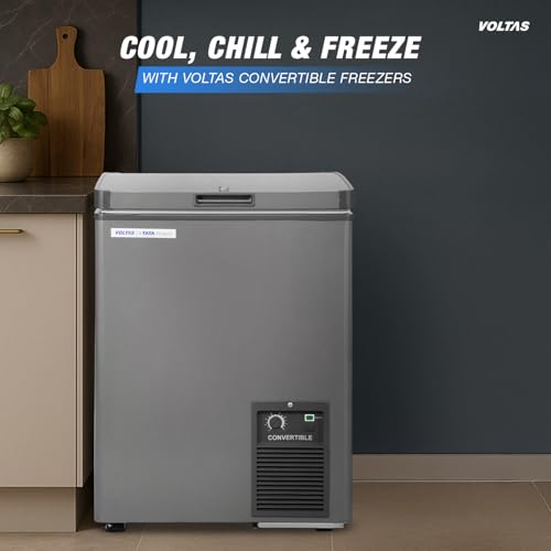 Image of Voltas 114 Litre, 3 star, Convertible Single Door Deep Freezer, With Unidirectional Roller Wheels (VOLTAS CVF120SA3-P-PL, Grey)