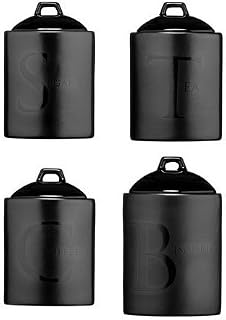 Set Of 4 Black Text Ceramic Tea Coffee Sugar Biscuit Canister Storage Jars by PRIME FURNISHING