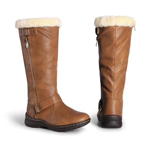 DREAM PAIRS Women's Winter Fully Fur Lined Zipper Closure Snow Knee High Boots,Size 8,Camel/Pu,RABBIT