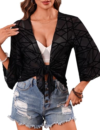 Image of Totatuit Women's Short Cardigan Bolero Sheer Shrug Tie Open Front Bell Sleeve Summer Cropped Bolero Cardigan