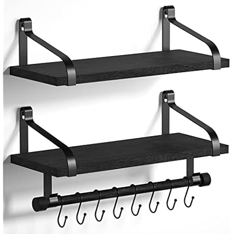 Love-KANKEI Floating Shelves for Coffee Bar,Bathroom Shelves with Towel Bar, Wall Shelves with 8 Hooks for Kitchen, 17.3 Inch Storage Shelves Set of 2 for Bedroom,Living Room，Black Cover
