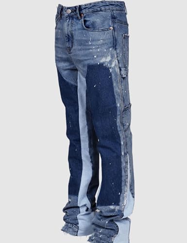 Mens Casual Patchwork Pants Distressed Ripped Jeans Denim Pants Vintage Hip Hop Splash Printed Bootcut Jeans3