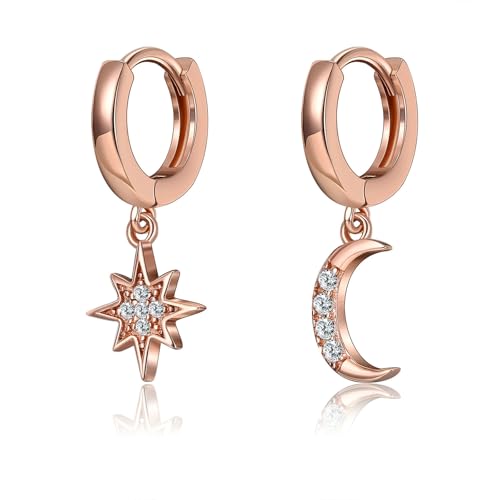 ZQHWYZ 14K Rose Gold Earrings for Women, Dangle Moon Star with Round Diamond White Hoop Earrings for Women Rose Gold