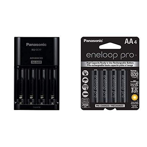 Panasonic BQ-CC17KSBA eneloop Advanced Individual Battery Charger with 4 LED Charge Indicator Lights, Black & BK-3HCCA4BA eneloop pro AA High Capacity Ni-MH Pre-Charged Rechargeable Batteries, 4 Pack