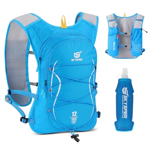 SKYSPER Chaleco de Hidratación Running 12L para Mujer y Hombre | Chaleco Ligero con 1 Botellas 500ML con Compartimento para móvil y Diseño Reflectante para Trail Maratón y Jogging