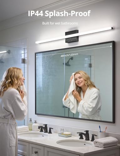 Image of Combuh 48Inch Bathroom Vanity Light Fixtures Extra Long Lighting Bar Above Mirror, Modern Black Bright 23W 2300LM Wider Coverage Slim Sleek IP44 Rustproof LED Bath Wall Sconce for Makeup Cool White