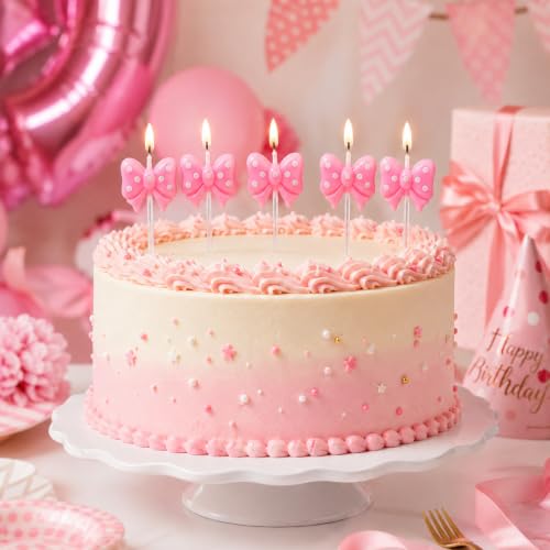 Image of Wanna Party Pink Bow Ribbon Shaped Cake Candles, Polka Dot Birthday Cake Topper Candles for Girls Birthday, Baby Shower, Princess Theme Party & Cake Decoration - Pack of 5
